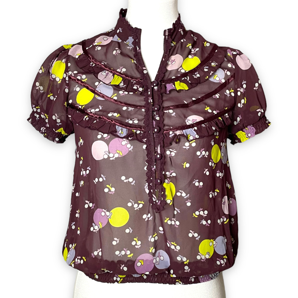 🍀 Kimchi Blue Women's Purple Taupe Printed Ruffle Puff Short Sleeve Blouse XS